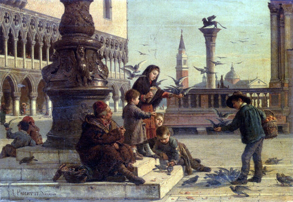 Antonio Paoletti Feeding The Pigeons - Canvas Art Print