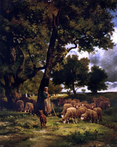  Charles Emile Jacque The Shepherdess and Her Flock - Canvas Art Print