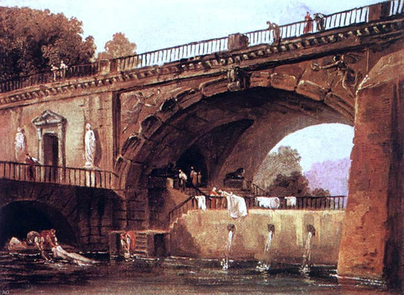  Hubert Robert Washerwomen below a Bridge - Canvas Art Print