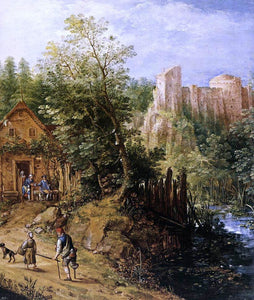  Pieter Stevens Mountain Valley with Inn and Castle (detail) - Canvas Art Print
