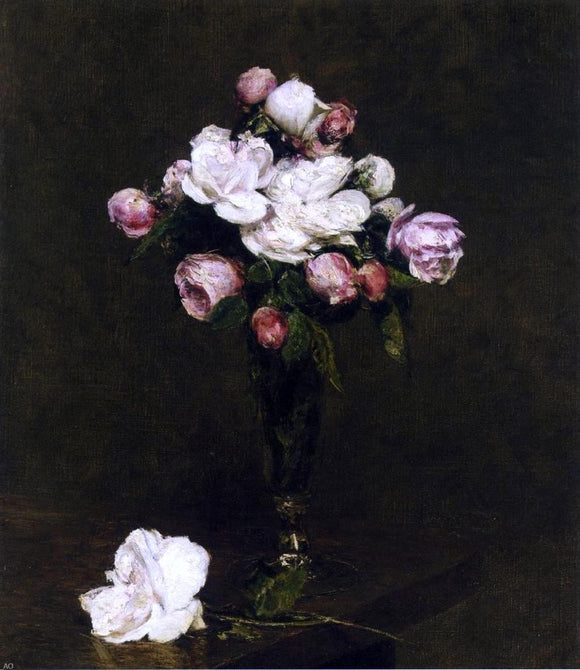  Henri Fantin-Latour White Roses and Roses in a Footed Glass - Canvas Art Print