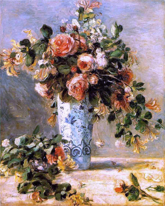  Pierre Auguste Renoir Roses and Jasmine in a Delft Vase - Canvas Art Print