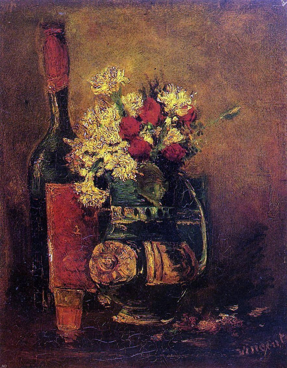  Vincent Van Gogh Vase with Carnations and Roses and a Bottle - Canvas Art Print