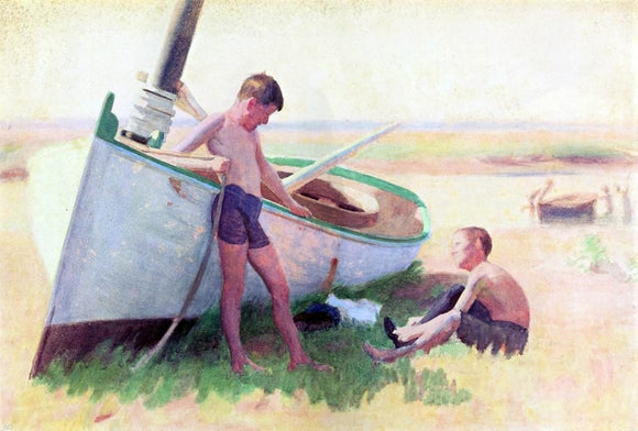  Thomas Pollock Anschutz Two Boys by a Boat - Near Cape May - Canvas Art Print