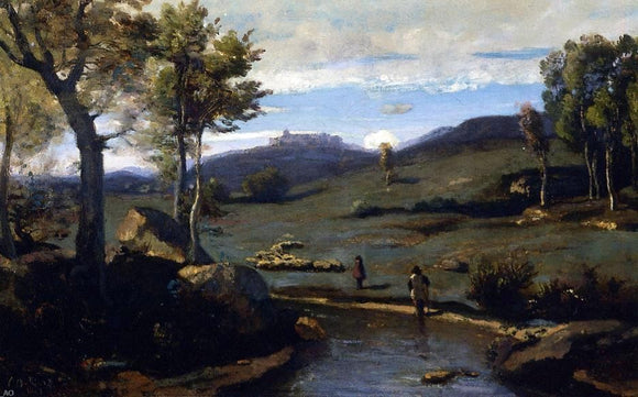  Jean-Baptiste-Camille Corot Roman Countryside - Rocky Valley with a Herd of Pigs - Canvas Art Print
