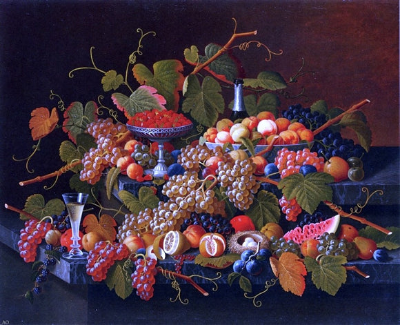  Severin Roesen Still Life with Fruit and Champagne - Canvas Art Print