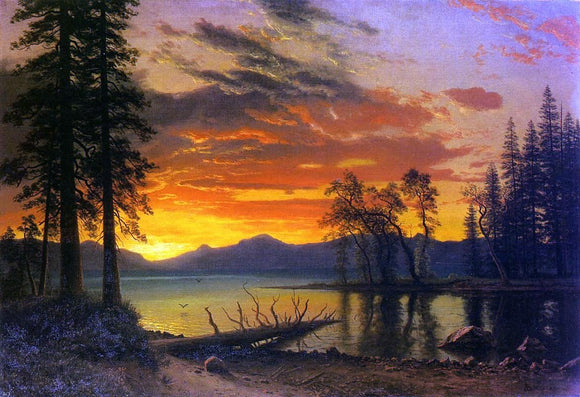  Albert Bierstadt Sunset, Deer, and River - Canvas Art Print