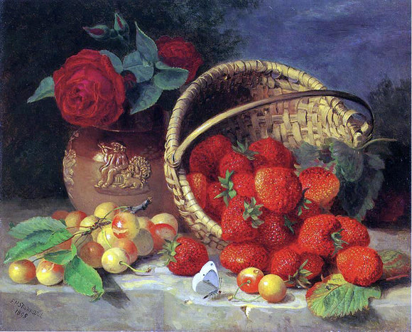  Eloise Harriet Stannard A Basket of Strawberries, Cherries, a Butterfly and Red Roses in a Vase on a Stone Ledge - Canvas Art Print