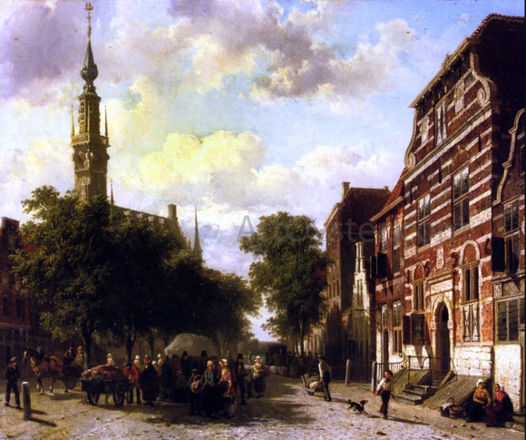  Cornelis Springer Busy Market in Veere with the Clocktower of the Town Hall Beyond - Canvas Art Print