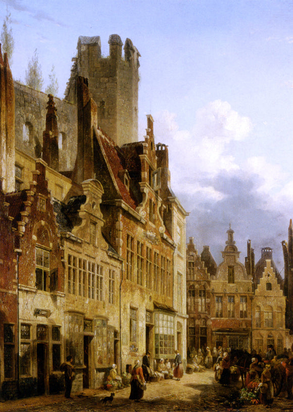 Francois-Jean-Louis Boulanger Busy Market Scene in the Streets of Ghent - Canvas Art Print