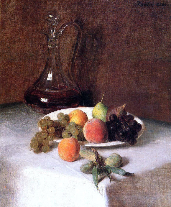  Henri Fantin-Latour A Carafe of Wine and Plate of Fruit on a White Tablecloth - Canvas Art Print