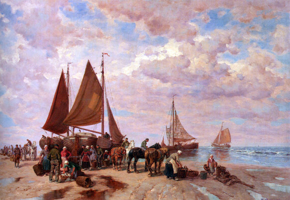  Desire Thomassin Coastal Scene Wih Fisherfolk Sorting The Day's Catch, Beached - Canvas Art Print