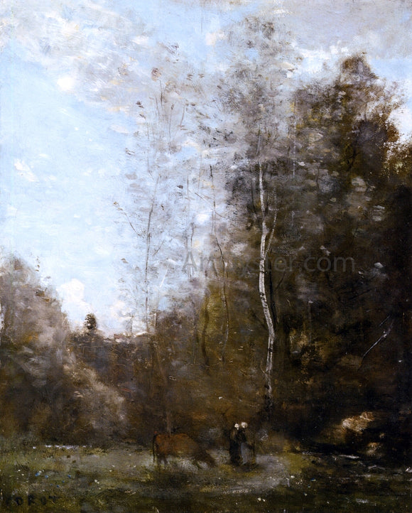  Jean-Baptiste-Camille Corot A Cow Grazing beneath a Birch Tree - Canvas Art Print