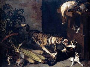  Alexandre-Francois Desportes Dog and a Cat Fighting in a Kitchen Interior - Canvas Art Print