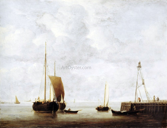  The Younger Willem Van de Velde A Dutch Hoeker at Anchor near a Pier - Canvas Art Print