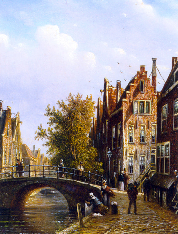  Johannes Franciscus Spohler A Dutch Town with Figures on a Canal - Canvas Art Print