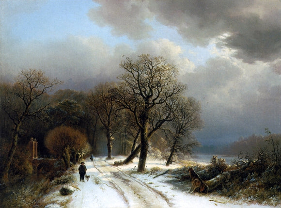  Barend Cornelis Koekkoek Figure Walking His Dog on a Path in a Winter Landscape - Canvas Art Print