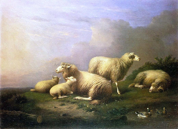  Francois Van Severdonck A Flock of Sheep Resting by a Pond - Canvas Art Print