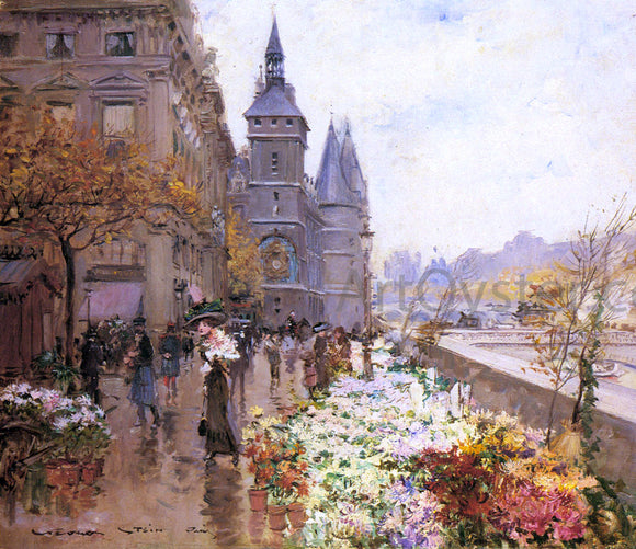  Georges Stein A Flower Market Along the Seine - Canvas Art Print