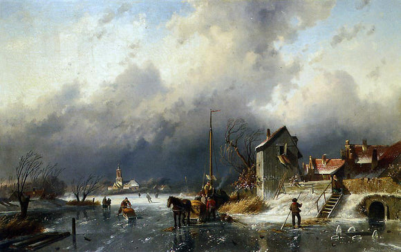  Charles Joseph Leickert Frozen River Landscape with a Horsedrawn Sleigh - Canvas Art Print