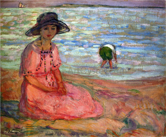  Henri Lebasque A Girl in a Pink Robe by the Sea - Canvas Art Print