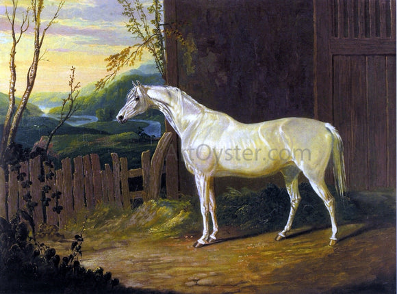  Sr. John Frederick Herring A Gray Arab Mare outside a Stable in an Extensive River Landscape - Canvas Art Print