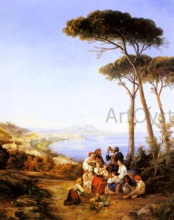  Consalvo Carelli A Group Of Peasants With The Bay Of Naples Beyond - Canvas Art Print