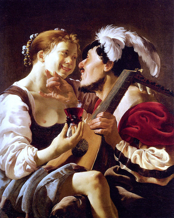  Hendrick Terbrugghen A Luteplayer Carousing With A Young Woman Holding A Roemer - Canvas Art Print