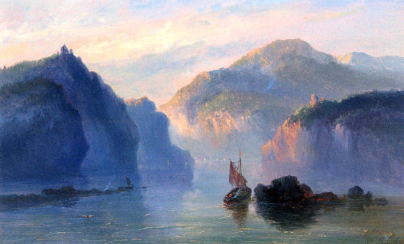  Josephus Gerardus Hans A Mountainous River Landscape With A Sailboat At Dusk - Canvas Art Print