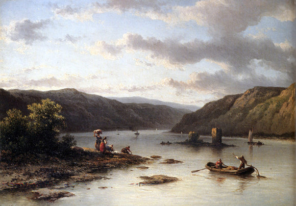  Johannes Hilverdink A Rhenish River Landscape With Fishermen In A Boat And Washerwomen On A Bank - Canvas Art Print