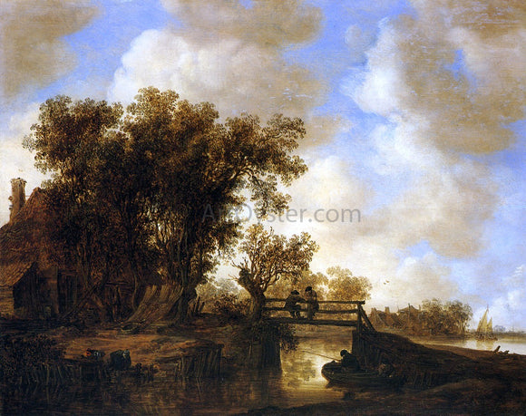  Jan Josephszoon Van Goyen A River Landscape with a Footbridte and Fishermen - Canvas Art Print