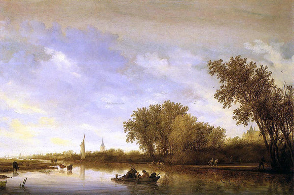  Salomon Van Ruysdael A River Landscape with Boats and Chateau - Canvas Art Print