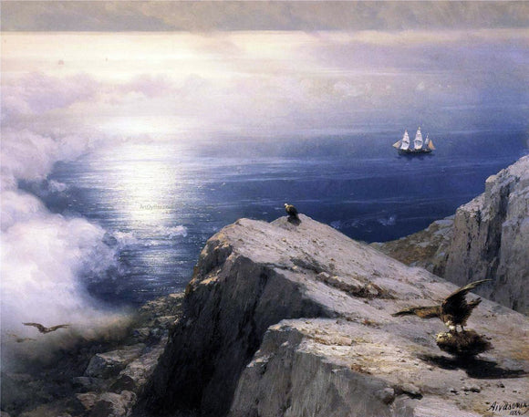  Ivan Constantinovich Aivazovsky A Rocky Coastal Landscape in the Aegean with Ships in the Distance (detail) - Canvas Art Print
