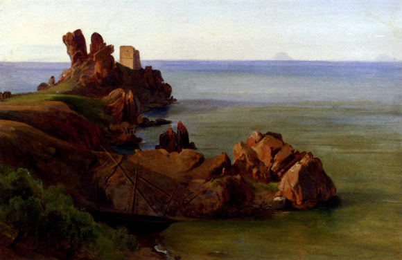  Jean-Baptiste-Adolphe Gibert A Rocky Outcrop With A Moored Boat And Ruined Watchtower, Cefalu - Canvas Art Print