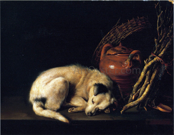  Gerrit Dou A Sleeping Dog Beside a Terracotta Jug, a Basket, and a Pile of Kindling Wood - Canvas Art Print