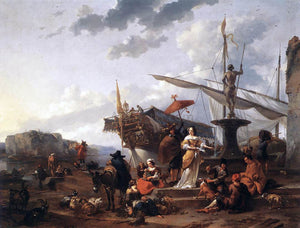  Nicolaes Berchem A Southern Harbour Scene - Canvas Art Print