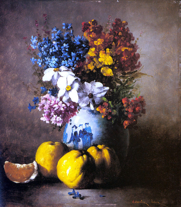  Germain Clement Ribot A Still Life with a Vase of Flowers and Fruit - Canvas Art Print