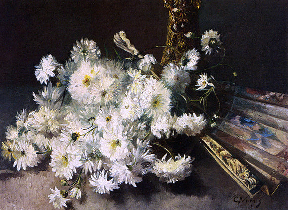  Guillaume Vogels A Still Life With Chrysanthemums And A Fan - Canvas Art Print