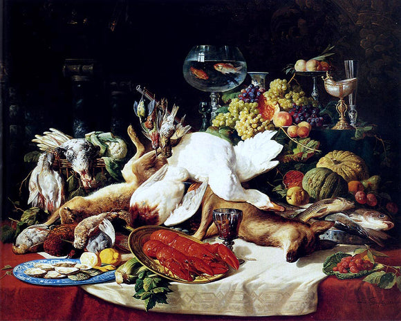  Lucas Schaefels A Still Life With Fruit, Fish, Game And A Goldfish Bowl - Canvas Art Print