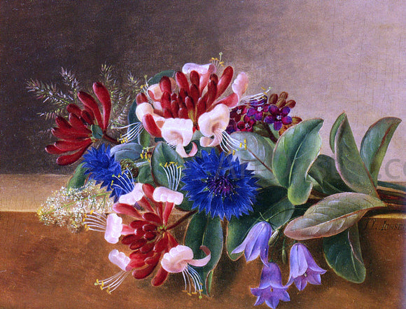  Johan Laurentz Jensen A Still Life with Honeysuckle, Blue Cornflowers and Bluebells on a Marble Ledge - Canvas Art Print