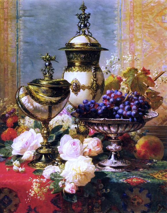  Jean Baptiste Robie A Still Life with Roses, Grapes and A Silver Inlaid Nautilus Shell - Canvas Art Print