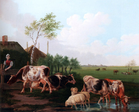  Albertus Verhoesen A Summer Landscape With Cows And Sheep By A Pool And A Milkmaid Watching - Canvas Art Print