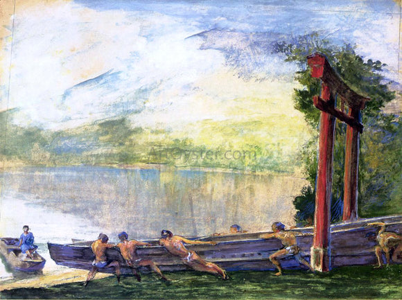  John La Farge A Torii on Shore of Lake Chusenji, Japan. Fishermen Pushing Out Their Boat - Canvas Art Print