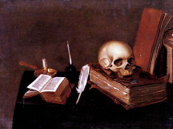 Michael Konrad Hirt A Vanitas Still Life with a Candle, an Inkwell, a Quill Pen, a Skull and Books - Canvas Art Print