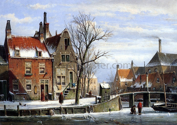  Willem Koekkoek A View in a Town in Winter with Skaters on a Frozen Canal - Canvas Art Print