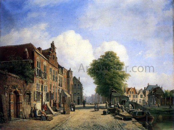  Marinus Van Raden A View in a Town with Townsfolk on a Street Along a Canal - Canvas Art Print