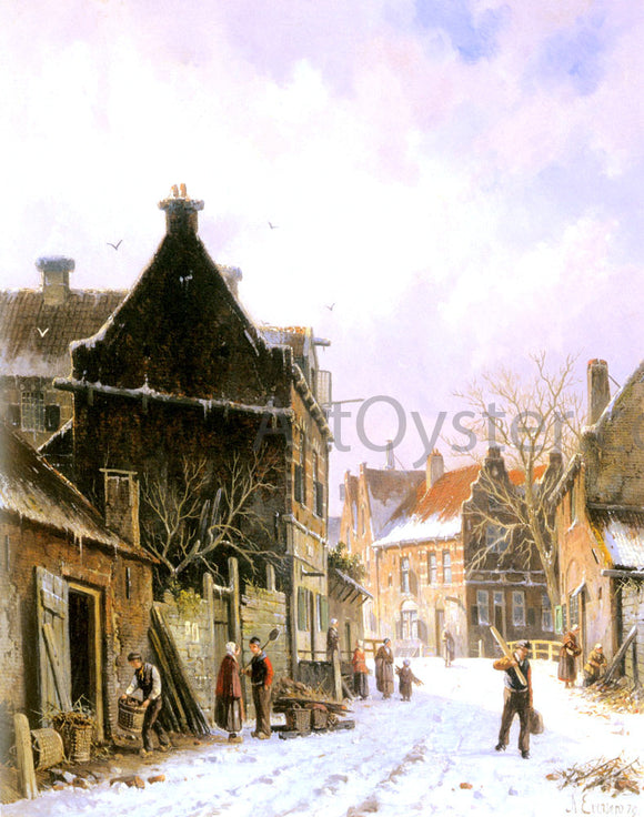  Adrianus Eversen Village Street Scene in Winter - Canvas Art Print
