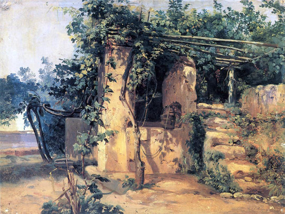  Johann Baptist Kirner A Vine-Covered Terrace with a Well and a View of the Sea - Canvas Art Print