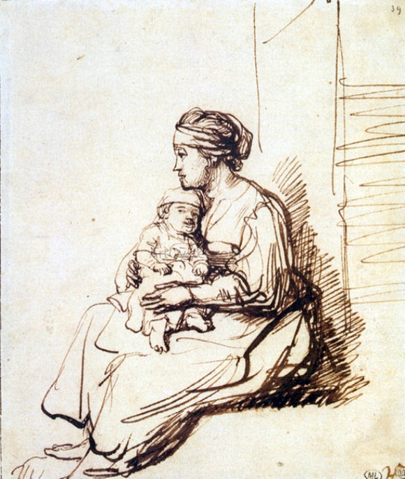  Rembrandt Van Rijn Woman with a Little Child on her Lap - Canvas Art Print