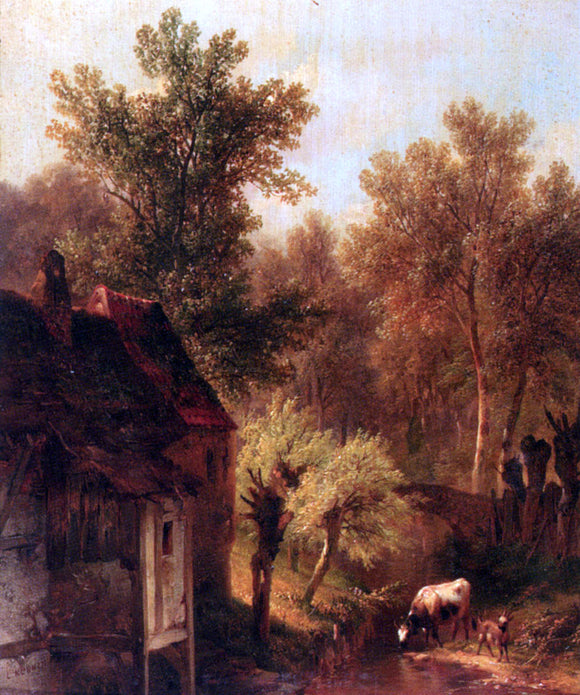  Pieter Lodewijk Kuhnen A Wooded Landscape With Cattle And A Cottage Along A Brook - Canvas Art Print
